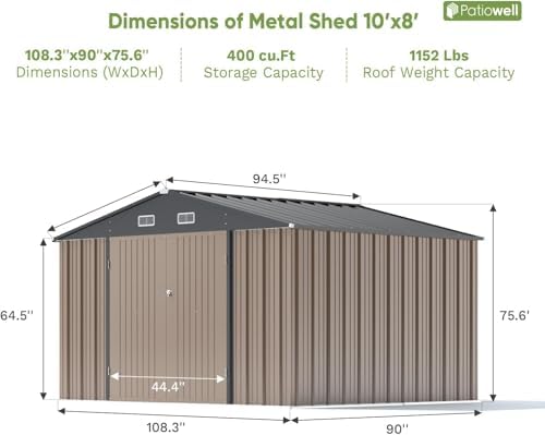 Patiowell 10x8 FT Outdoor Storage Shed, Metal Sheds, Brown - Image 2