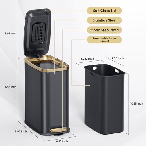 CEROELDA Small Bathroom Trash Can with Lid-5L/1.3 Gal-Soft Close Lid-Black - Image 5