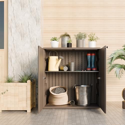 Mrosaa Indoor Outdoor Storage Cabinet Waterproof with 1 Shelf, Plastic Outdoor Storage Cabinets for Patio/Garden/Backyard, Size 34.3''L*15''W*36.2''H(Brown) - Image 2
