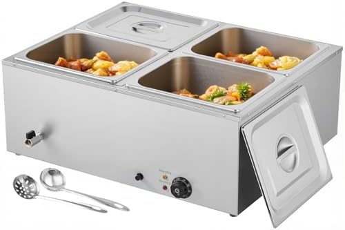 VEVOR Commercial Food Warmer, 1500W Electric Stainless Steel Steam Food Warmer with Lid, 4-Pan Fast Heating Countertop Buffet Bain Marie with Soup & Perforated Ladles, for Catering, Restaurant, Party by VEVOR