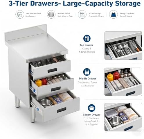 Outdoor Stainless Steel Kitchen Drawers, 19.69 x 21.87 x 35.43 in, 3-Tier Freestanding Kitchen Cabinets with Recessed Handles, BBQ Island Drawer for Outdoor Kitchen Garage Restaurant - Image 3