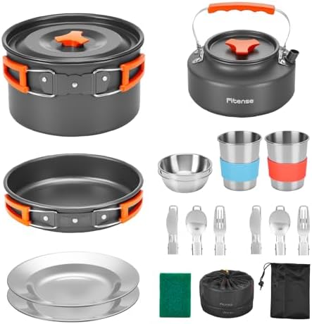 Fitense 21Pcs Camping Cookware Mess Kit for 2, Lightweight Camping Kitchen Pots and Pans Set, Portable Cooking Essentials for Backpacking, Hiking and Picnic by Fitense