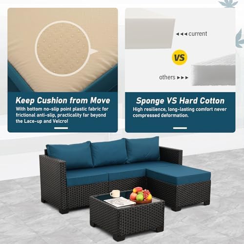 Oasishine 3 Pieces Patio Furniture Set Outdoor Sectional Wicker Patio Furniture Patio Couch with Ottoman and Outdoor Glass Table Weathering Anti-Slip Cushions Waterproof Covers, Peacock Blue - Image 5