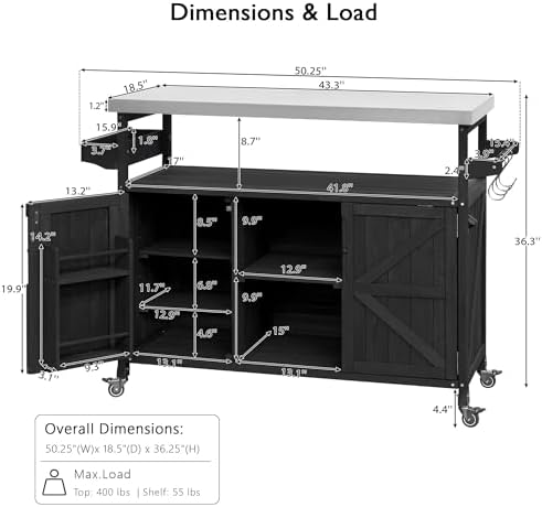 50.25" W Grill Cart with Stainless Steel Tabletop, Black - Image 2