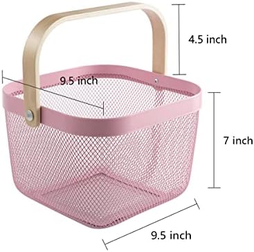 Mesh Steel Storage Organizer Basket Fruit Basket Bin with Wood Handle Ideal for Kitchen Bathroom Picnic Baskets Pantry Cabinets Storage Home Decor (Pink) - Image 3