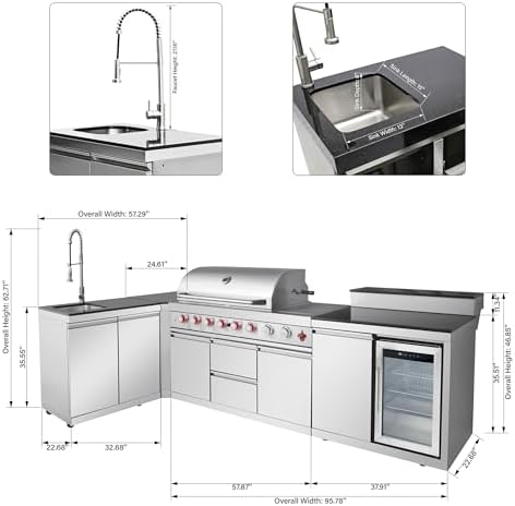 153'' 6-Burner 95500 BTU Propane Gas Outdoor Grill Island, 304 Stainless Steel, Sink + Double-Door Cabinet, Refrigerator, 3-Tier Corner Cabinet, For Backyard BBQ, Sliver - Image 2