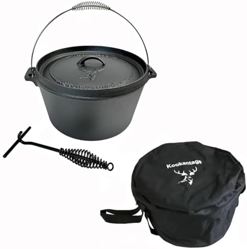 4.5 Quart Cast Iron Dutch Oven Pre-Seasoned Camp Pot with 10 inch Black Steel Lid Lifter and Polyester Carrybag by Kookantage