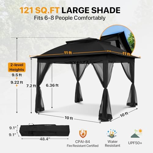 COOS BAY 11x11 Pop Up Gazebo with Netting, Canopy Tent, Black - Image 3