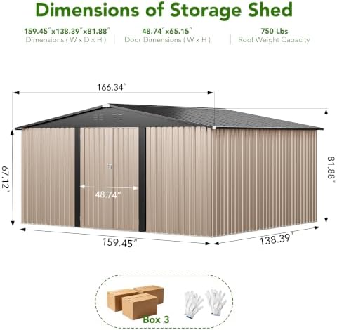 MXV 14 x 12FT Outdoor Storage Shed, Metal Garden Shed with Windows, Double Lockable Doors & Sloped Roof, Tool Sheds for Backyard Garden Patio Lawn, Brown - Image 2