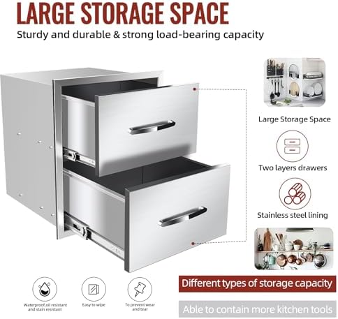 Outdoor Kitchen Drawers Stainless Steel, BBQ Drawer Inserts for Built-in Patio Grill Station, 14''W x 15''H x 23''D - Image 4