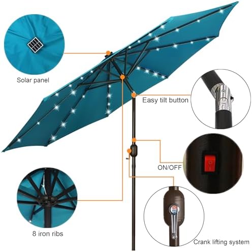 Blissun 9 ft Solar Umbrella 32 LED Lighted Patio Umbrella Table Market Umbrella with Tilt and Crank Outdoor Umbrella for Garden, Deck, Backyard, Pool and Beach (Cerulean) - Image 3
