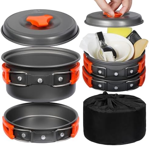 REDCAMP 6/10/11/12/14/15/19 PCS Camping Cookware Mess Kit Camping Gear Campfire Utensils Lightweight Stackable Pot Pan Bowls Soup Spoon with Storage Bag for Camping, Backpacking, Outdoor Cooking by REDCAMP