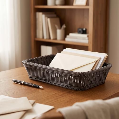ZOENHOU 3 Packs Poly-Wicker Bread Basket, 16” 14” 12” Handmade Woven Basket, Tabletop Display Organizer Serving Baskets for Home Restaurant Hotel Food Fruit Vegetables Snacks Storage, Dark Brown - Image 7