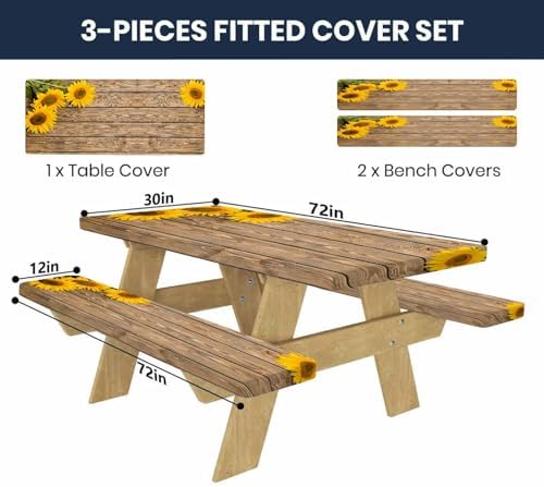 CAPSCEOLL Picnic Table Cover with Bench Covers 6ft - Wooden Sunflowers - Image 2