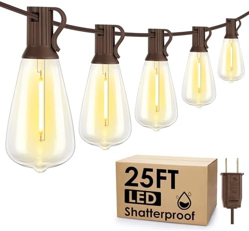 Larkvue 25FT Outdoor String Lights, Patio Lights with 10+1 LED Dimmable Waterproof Shatterproof Linkable ST38 Bulbs for Fence Porch Gazebo, Brown by Larkvue
