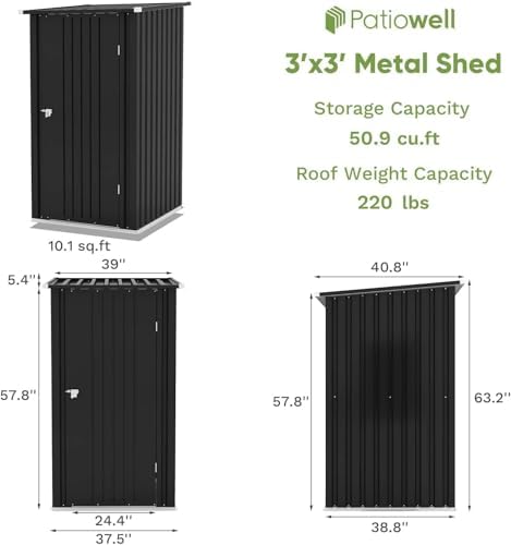 Patiowell 3x3 FT Storage Shed, Small Metal Shed, Black - Image 2