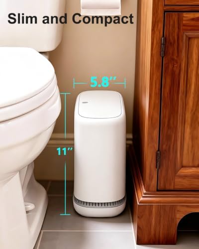 2.3 Gallon Slim Small Bathroom Trash Can with Lid, White Dog Proof Garbage Can with Air-Press Bag Expander & Removable Bucket, Narrow Bathroom Waste Basket for Bedroom, Office, Dorm - Image 2