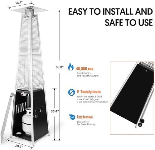 Pyramid Patio Heater,48,000 BTU Outdoor Propane Heater with Glass Tube, Propane Tall Tower Design with Wheels & One-Button Ignition for Backyard, Deck, and Commercial Use - Image 3