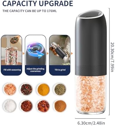 CIRCLE JOY Gravity Electric Salt and Pepper Grinder Set, Battery Powered Automatic Pepper Mills with Adjustable Coarseness, One Hand Operation, 176ml Large Container, Black - Includes 8 Batteries - Image 3