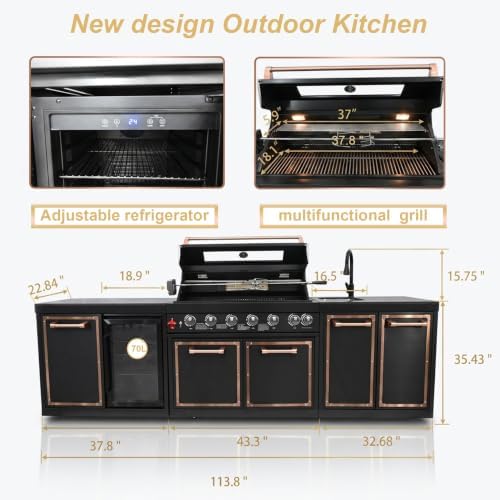 114" Black Titanium Outdoor Kitchen Island, 6-Burner Gas Grill & Sink - Image 3
