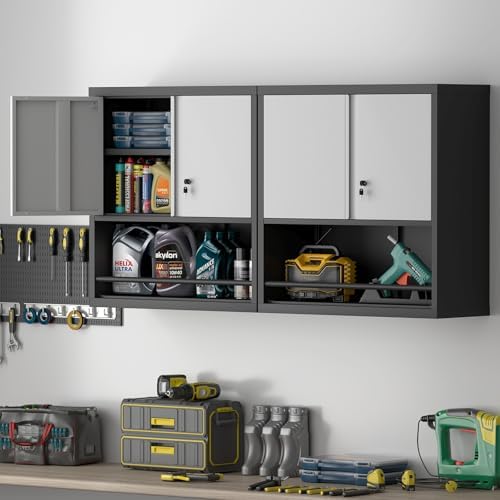 IRONFFICE Metal Garage Cabinet, Locking Cabinet with Adjustable Shelf, 2 Doors Cabinet for Tools, Hanging Cabinet for Basement, Black/Grey - Image 7