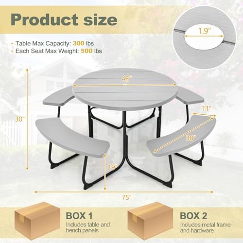 Tangkula 8 Person Round Picnic Table with 4 Built-in Benches, Grey - Image 3