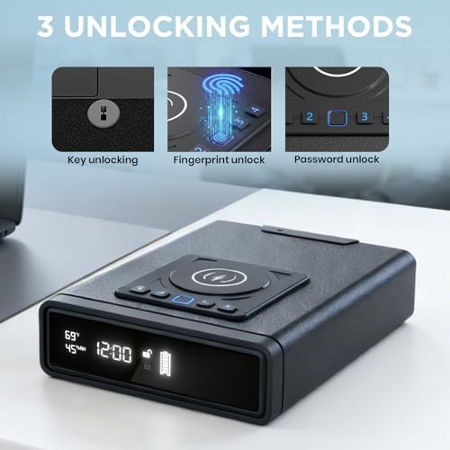 Biometric Gun Safe with Wireless Phone & Watch Charging, Drop Slot Pistol Safe with 3-Way Quick Access, LED Clock Display, Humidity & Temperature Monitoring for Handgun, Cash and Valuables - Image 2
