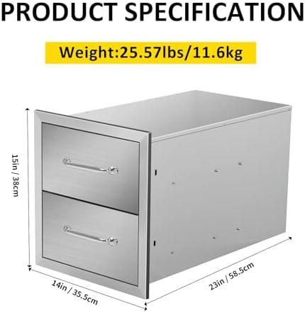 Outdoor Kitchen Drawers 14" W x 15" H x 23" D Flush Mount Double BBQ Drawers with Chrome Handle Stainless Steel Drawer for Outdoor Kitchen Island, Patio Grill Station - Image 2