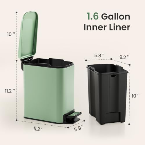 Cesun Small Bathroom Trash Can with Lid, 1.6 Gal, Soft Close, Sage Green - Image 6