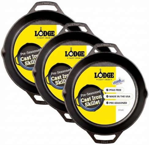 Lodge 12 Inch Pre-Seasoned Cast Iron Skillet - Dual Assist Handles - Use in the Oven,on the Stove,on-the Grill,or Over a Campfire - Black,(Pack of 3) by Lodge