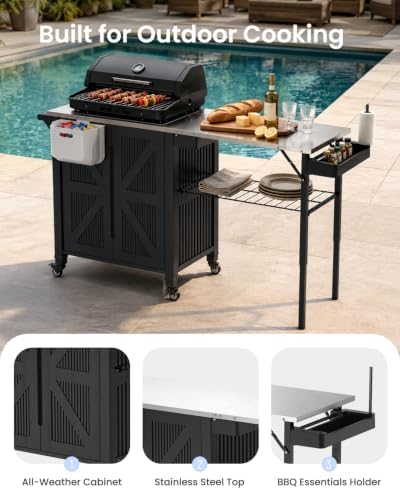 Outdoor Grill Cart with Storage Cabinet, 2-in-1 BBQ Prep Table with Foldable Side Shelf, Stainless Steel Top, Paper Towel Holder, Trash Bag Holder & Locking Wheels for Patio - Image 6
