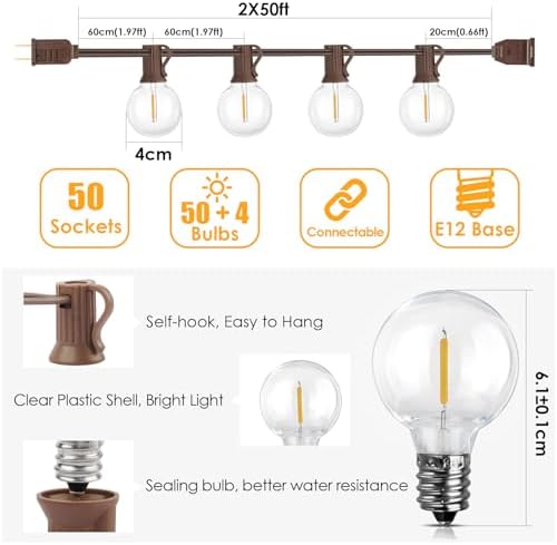 Mlambert 100Ft(2x50Ft) Outdoor String Lights, G40 Globe Patio Lights with 50+4 Waterproof LED Hanging Plastic Bulbs for Cafe Balcony Party-Brown Wire - Image 2