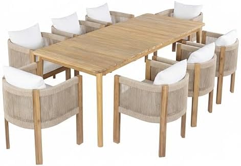 Christopher Knight Home Matera Acacia Wood Outdoor Dining Set for 8, 9 Piece Patio Dining Table and Chair Set, Wooden Outdoor Dining Armchair and Table Set with Removable Cushion, Light Teak+Beige - Image 4