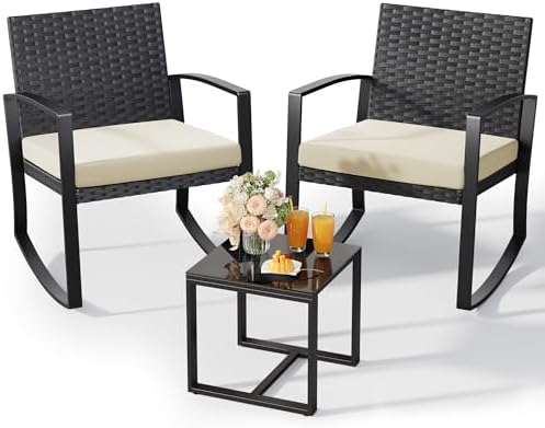 Qsun 3 Pieces Porch Furniture Set Patio Rocking Bistro Set Outdoor Patio Chairs Rattan Conversation Sets with Coffee Table for Front Porch Garden Balcony Backyard Poolside (Beige Cushion) by Qsun