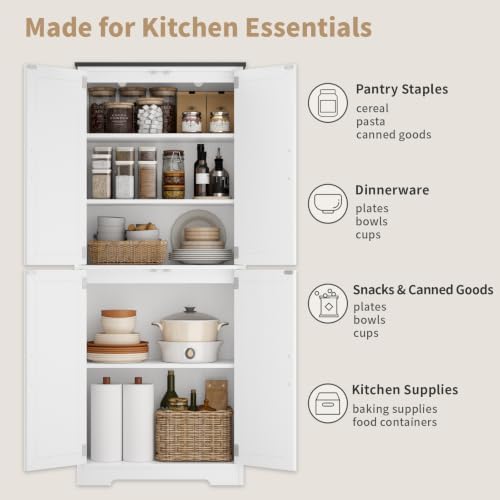 59" H Storage Cabinet, Kitchen Farmhouse Pantry Cabinet with 4 Doors, White - Image 3