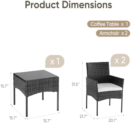 DUMOS 3 Piece Patio Furniture Set, Outdoor Wicker Bistro Set, Black - Image 3