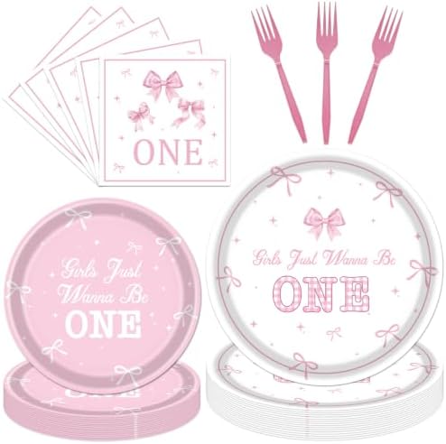 Girls Just Wanna Be One Birthday Decorations, 96PCS Pink Bow First Birthday Disposable Paper Plates and Napkins Party Decorations, Cute One Year Old Girl Forks Tableware Set for 24 Guests by Deorfuy
