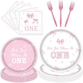 Girls Just Wanna Be One Birthday Decorations, 96PCS Pink Bow First Birthday Disposable Paper Plates and Napkins Party Decorations, Cute One Year Old Girl Forks Tableware Set for 24 Guests by Deorfuy