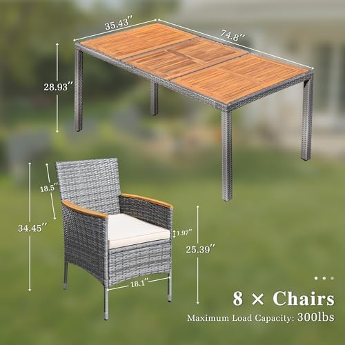 Devoko 9 PCS Acacia Wood Patio Dining Set, Gray Rattan - Image 7