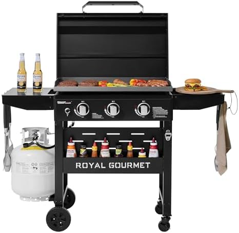 Royal Gourmet 3-Burner Gas Griddle with Hood, Collapsible Side Shelves by RoyalGourmetCorp