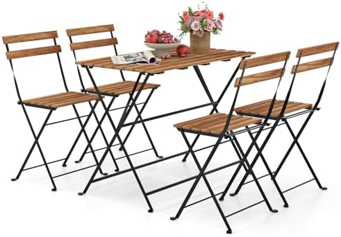 GIANTEX 5-Piece Outdoor Dining Table Set for 4, Acacia Wood Bistro Table with 4 Folding Patio Chairs, Slatted Seat & Tabletop, Metal Frame, for Yard Porch Garden Poolside (Black + Brown) by Giantex