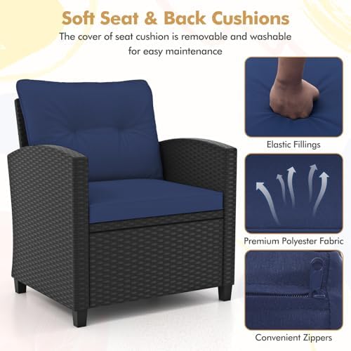 RELAX4LIFE 3-Piece Patio Furniture Set - Wicker Rattan Bistro Sofa w/Glass Top Coffee Table, Washable Cushions for Porch Balcony Backyard Poolside, Outdoor Conversation Set (Navy) - Image 4