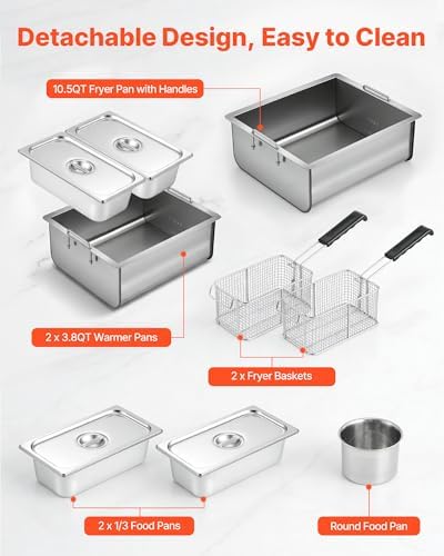VEVOR Outdoor Propane Deep Fryer, 2 Burners (11,600 BTU Each), Commercial Fryer with Two 1/3 Size Food Warming Pans, Multi-Purpose Frying Cart with 4 Lockable Wheels, for Fried Chicken & Fries - Image 7