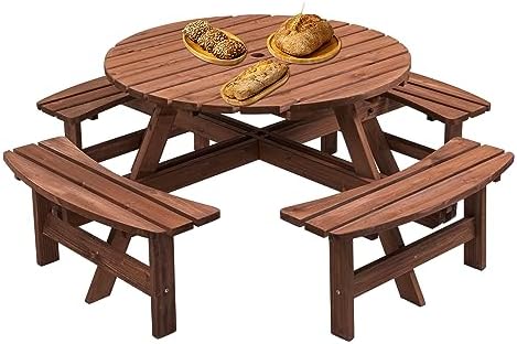 8 Person Wooden Picnic Table, Outdoor Camping Dining Table with Seat, Garden, DIY w/ 4 Built-in Benches, 2220lb Capacity Brown by QUAWIP