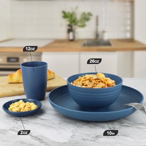 Wrova Wheat straw plates and bowls sets of 16 - Unbreakable wheat straw dinnerware sets for camping - Alternative plastic dinnerware set service for 4 - Microwave safe and Dishwasher safe bowls. Blue - Image 3