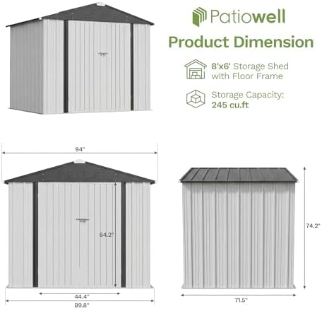 Patiowell 8x6 FT Outdoor Storage Shed with Floor Frame, Metal Garden Sheds - Image 2