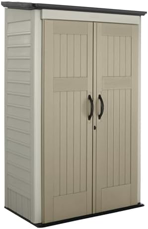 Rubbermaid Vertical Resin Outdoor Storage Shed With Floor (4 x 2.5 Ft) Weather Resistant Beige/Brown Organization for Home/Backyard/Pool Chemicals/Toys/Garden Tools/Porch/Patio Cushions by Rubbermaid