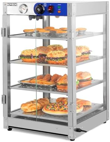ROVSUN 4-Tier Commercial Food Warmer Pizza Warmer Countertop, Food Warmer Display with LED Lighting Removable Shelves Glass Door, Pretzel Warmer for Buffet Restaurant Cafe, 110V 800W by ROVSUN