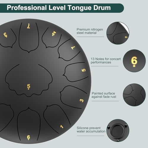 Large Steel Tongue Drum Handpan: 12 Inches 13 Notes Rain Drums for Outside Garden, Meditation Hand Pan with Music Book, Mallets and Carry Bag, Musical Instrument for Adult Kid Gift (Black) - Image 2