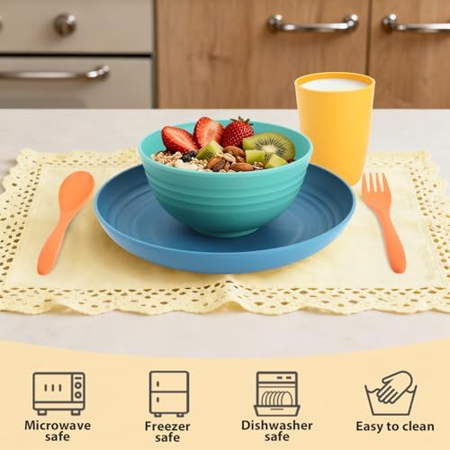 Wheat Straw Dinnerware Sets, 20 PCS Service for 4, Dishwasher & Microwave Safe Kids Plates and Bowls Sets, Unbreakable Lightweight Outdoor Camping Dishes - Multicolor - Image 5